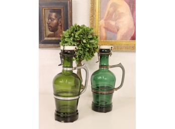 Pair Of Vintage Green Liquor Bottle With Pewter Handle And Porcelain Tops