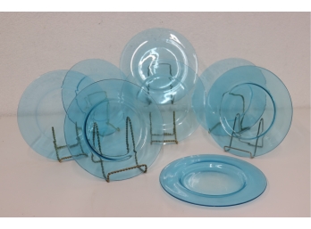 Set Of Eight (8)vintage Light Blue Glass 8.5' Plates