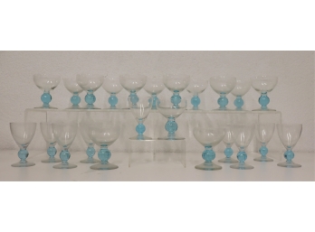 Group Lot Of  Bryce Contour Cerulean Blue Ball Stem Glassware -vintage