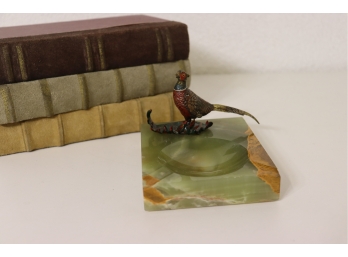 PAINTED BERGMAN STYLE BRONZE DESK TIDY Of A Pheasant Standing On A Green Onyx Base