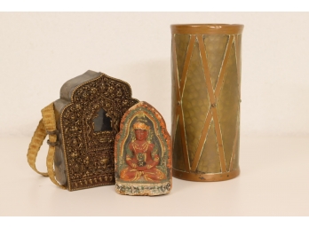 Small Vintage India Box With An Indian Statue Inside And A Brass Vase
