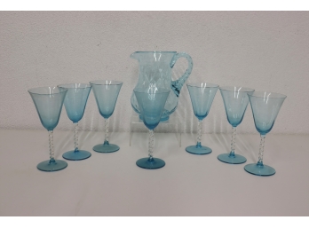 Light Blue & Clear Glass Goblets And A Water Pitcher -vintage