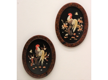 Pair Of Oval 3-D Carved Shell Rooster