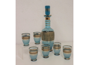 Vintage Bohemia Glass Decanter In Gold And Blue With 6 Glasses
