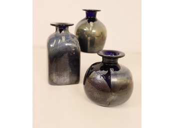 Three (3)  MDINA MALTESE GLASS Vase Brown & Blue And Sandy Earth Tones