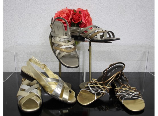 Three Pair Of  Gold* Silver Strappy Sandals Size 10