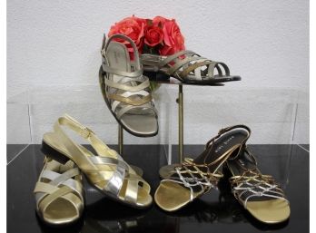 Three Pair Of  Gold* Silver Strappy Sandals Size 10