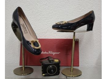Blue Patent Leather  Ferragamo Shoes- Low Heeled Pumps. Size-6B