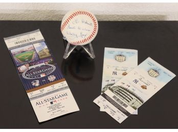 Signed Baseball And 2008 All Star Game Ticket Stub