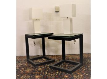 Pair Of Parsons Clear Glass Top Dark Steel Base C-Tables