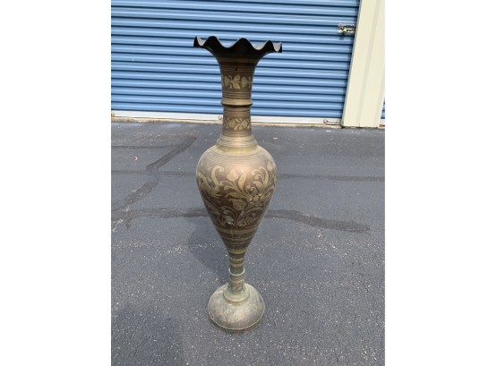 Decorative India Brass Tall Vase - Fluted Top And Botanical Engraving