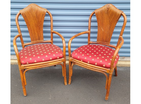Pair Of Bamboo & Rattan Arm Chairs By Mobilier Rickshaw - Stunning Ruffled Shawl Seat Back