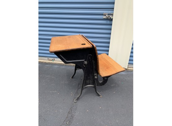 Antique School Desk & Seat - Cast Iron And Wood