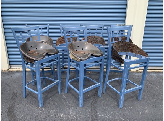 Six Blue Custom Lattice Back & Pressed Metal Counter Height Chairs - Two With Tractor Seats