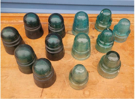Lot Of 13 Antique Glass Insulators - Two Shapes And Hues