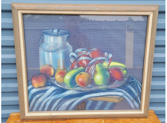 Framed Pastel Drawing - Still Life With Fruit And Farrmhouse Milk Can