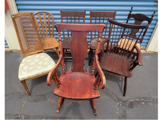 Group Lot Of 7 Wood Mixed Arm Chairs And Side Chairs