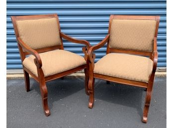 Pair Of Scroll Armed Dining Chairs With Two Tone Detailed Beige Fabric