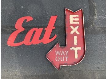 Vintage Restaurant Signage: Lot Of Two  Signs - 'Eat ' And 'EXIT WAY OUT'