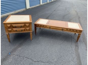 Vintage Coffee Table And Side Table - White Granite Inserts On Tops