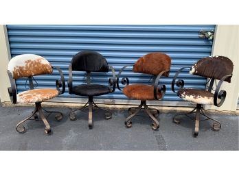 Four Vintage Curled And Scrolled Iron Chairs With Cow Print/hyde Style Upholstery