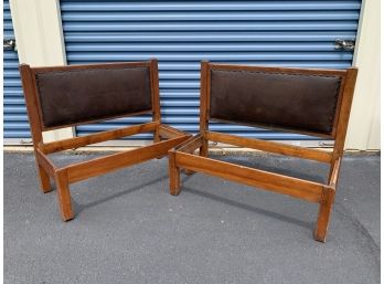 Pair Of Wood Leather-backed  Duo Benches