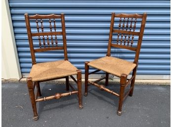 Pair Of Antique Chairs Double Row Spindle Back And Fiber Rush Seat