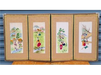 Vintage 4 Panel Short Folding Screen - Asian Pastoral Embroidery