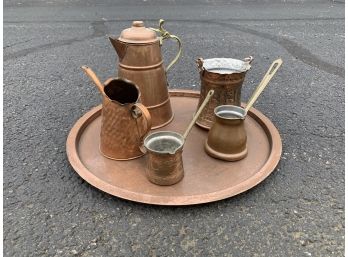 Group Lot: 5 Hammered Copper And Metal Coffee/espresso Vessels And 1 Tray