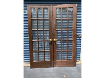Pair Of 15 Pane Wood Doors With Brass Handles
