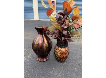 Set Of Two Decorative Vases With One Faux Berry And Leaf Bouquet