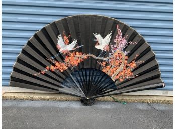 Vintage Japanese Black Wood And Paper Folding Fan - Hand-painted Dancing Crane Flowering Tree  Image