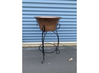 Hobnail Hammered Coppertone Flared Wide Bucket On Black Wrought Iron Stand