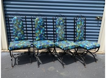 Set Of Four MCM Chairs - Floral Fabic And Wrought Iron