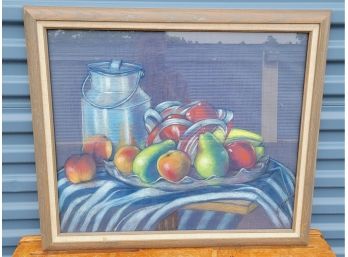 Framed Pastel Drawing - Still Life With Fruit And Farrmhouse Milk Can
