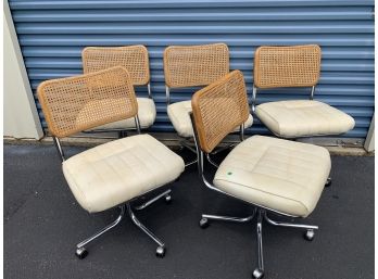 Five Swivel Chairs - Cane Back, Chrome Legs, Leather Seat
