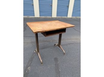 Vintage Student Work Desk - Wood Top And Shelf With Metal Base