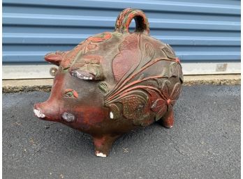 Large Mexican Ceramic Piggy Bank - Floral And Colorful Glaze Decoration