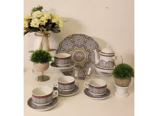 Grouping Of Moroccan Porcelain - Coffee Pot & Cups And Saucers & 1 Gorgeous Plate - Cocema Fes Maroc