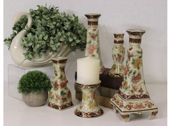 Group Lot Of 5 Different Candleholders With Matching Decorative Pattern & Glaze