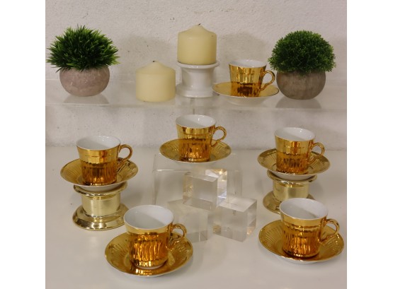 Set Of Six Royal Worcester Porcelain Cup And Saucers - Brilliant Gold Glaze Outside & White Inside