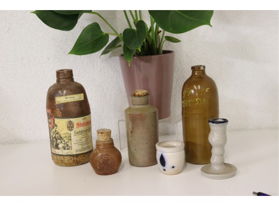 Group Lot Of 5 - Stoneware Vintage Bottles And A Jar And A Candleholder