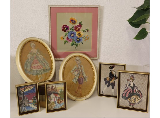 Group Lot Of 7 Framed Needlepoint And Embroidered Art Pieces