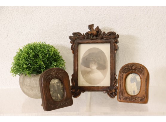 Three Vintage Photographs With Three Carved Wooden Frames