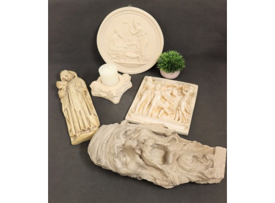 Lot Of 5 Pieces In Cast Relief - Biblical And Historical And A Candleholder