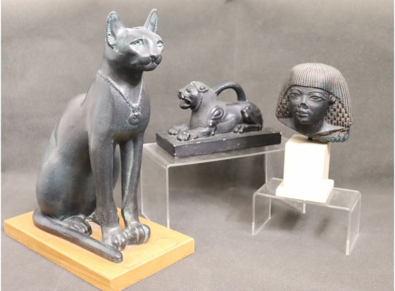 Egyptian Cast Statuary - Goddess Hathor & Abyssinian Cat & Recumbent Lion - Three Piece Lot