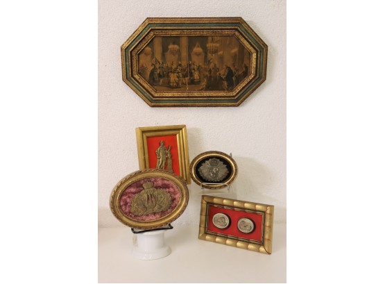 Lot Of Framed And Matted Medallions And Figures & An Octagonal Framed Gala Ball Scene