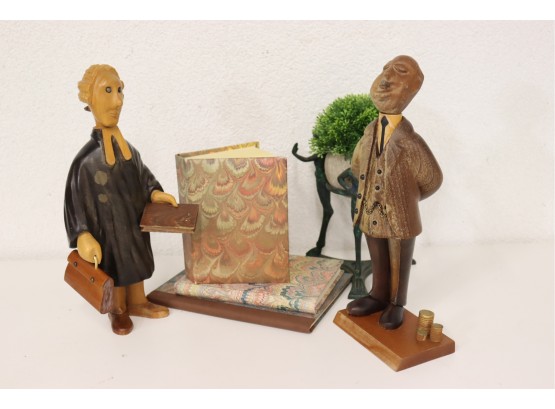 Capitalism & Jurisprudence - A Duo Of Crafty Wood Statuettes
