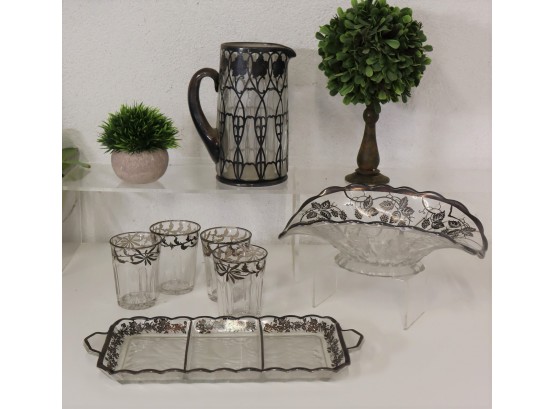Partial Set Of Glass And Metal Service Pieces - Pitcher And Cups And Tray And Rolled Oval Bowl