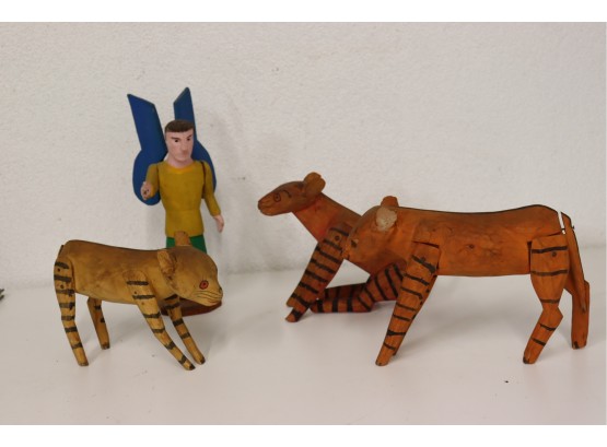 Lot Of 4 Folk Art Carvings - Articulated Savana Animals &  Dr. Spock As Blue Winged Angel